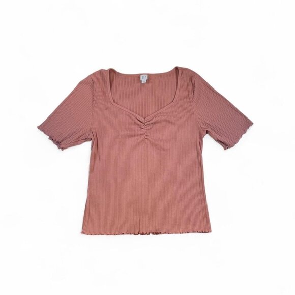 GAP Ribbed Knit Top L Dusty Rose Ranched Scoop Neck Lettuce Edge Feminine - Picture 2 of 5